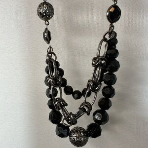 1978 Black And Silver Tone Gunmetal Beaded Layered Necklace Chain Grunge Boho